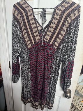 Umgee Long Sleeve Boho Midi Dress in Black and Burgundy